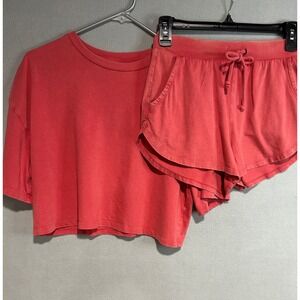 Colsie Lounge Shorts Set Women XS Coral 2pc Distressed Cotton Dorm Wear Relax